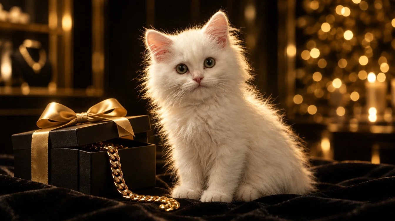 A white kitten sitting beside a black gift box tied with a gold ribbon, a gold chain spilling out, on black velvet