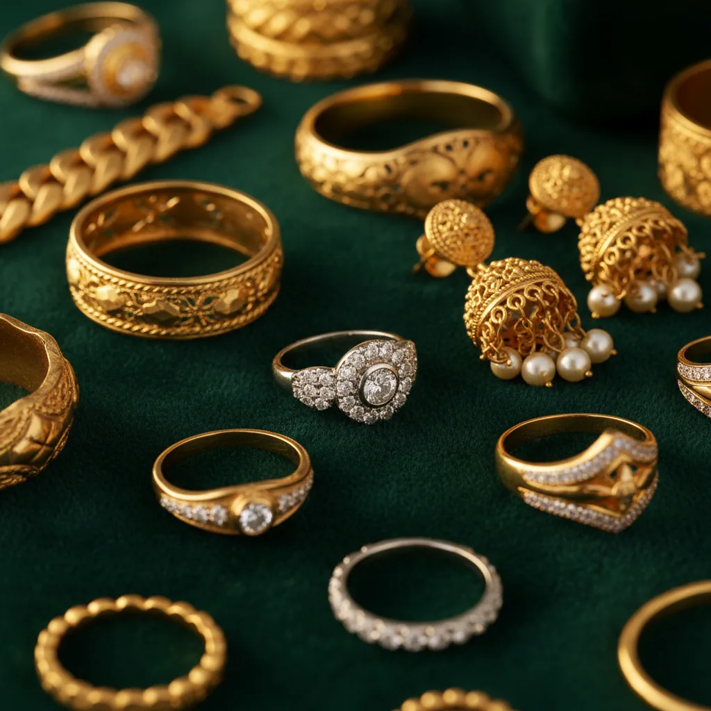 Exquisite gold jewellery in 22K, 21K, and 18K showcasing the beauty and craftsmanship available in Dubai.