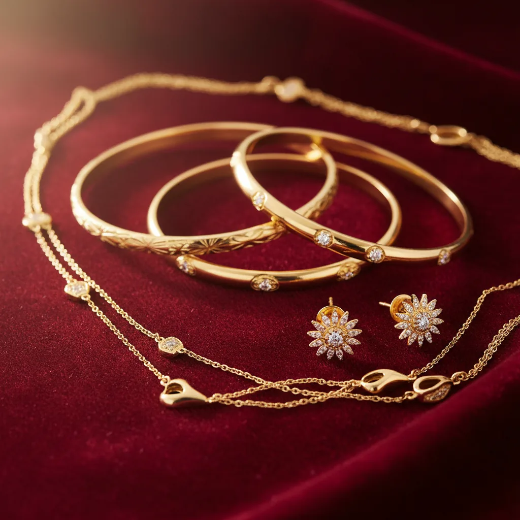 Exquisite 18k gold jewellery collection featuring bangles, necklace, and earrings.