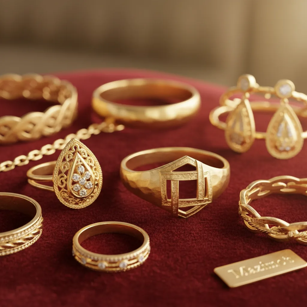 An array of premium gold jewelry from Mazimo, showcasing rings, bracelets, and earrings on a velvet surface, highlightin