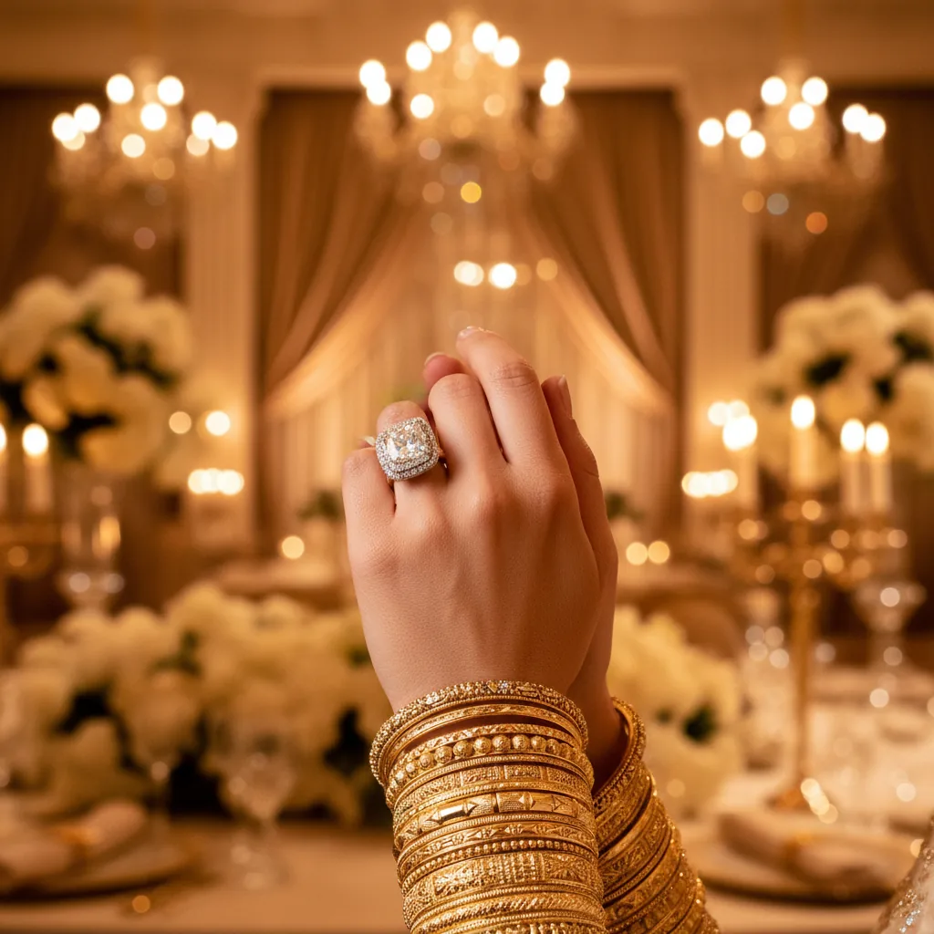 Close-up of a bride's hands showcasing exquisite gold bangles and a diamond ring, illuminated by soft, golden light.