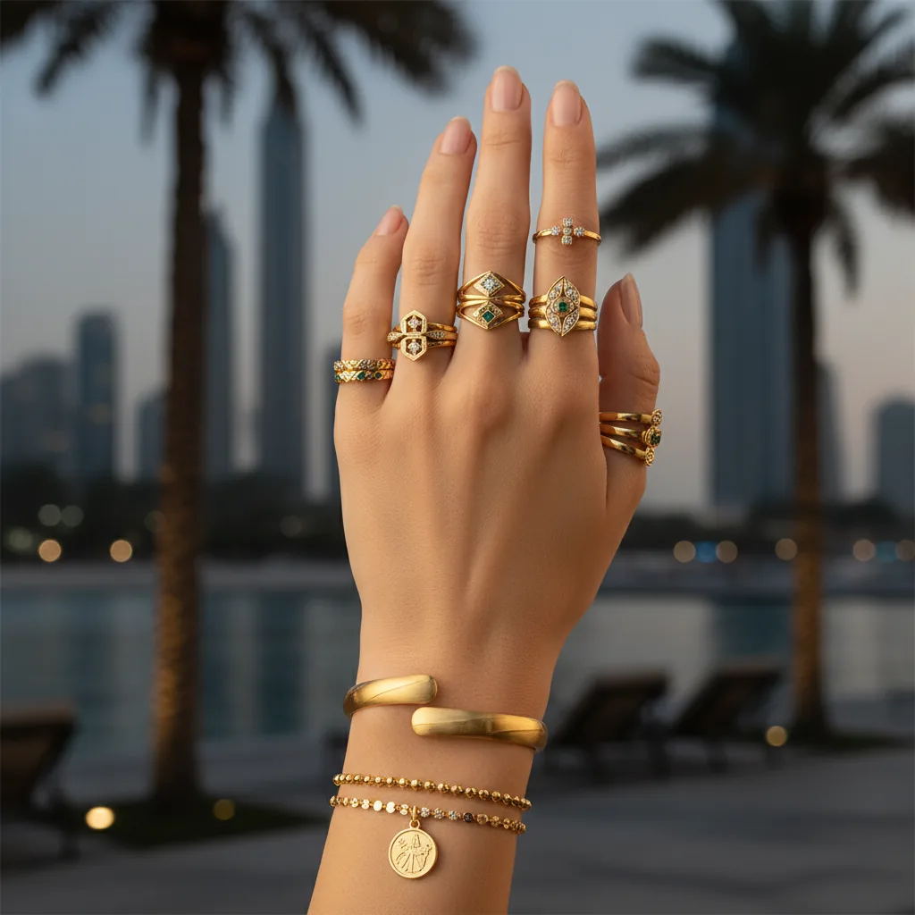 A curated selection of certified 18k and 22k gold rings and bracelets from Mazimo, showcased in a luxurious setting in D