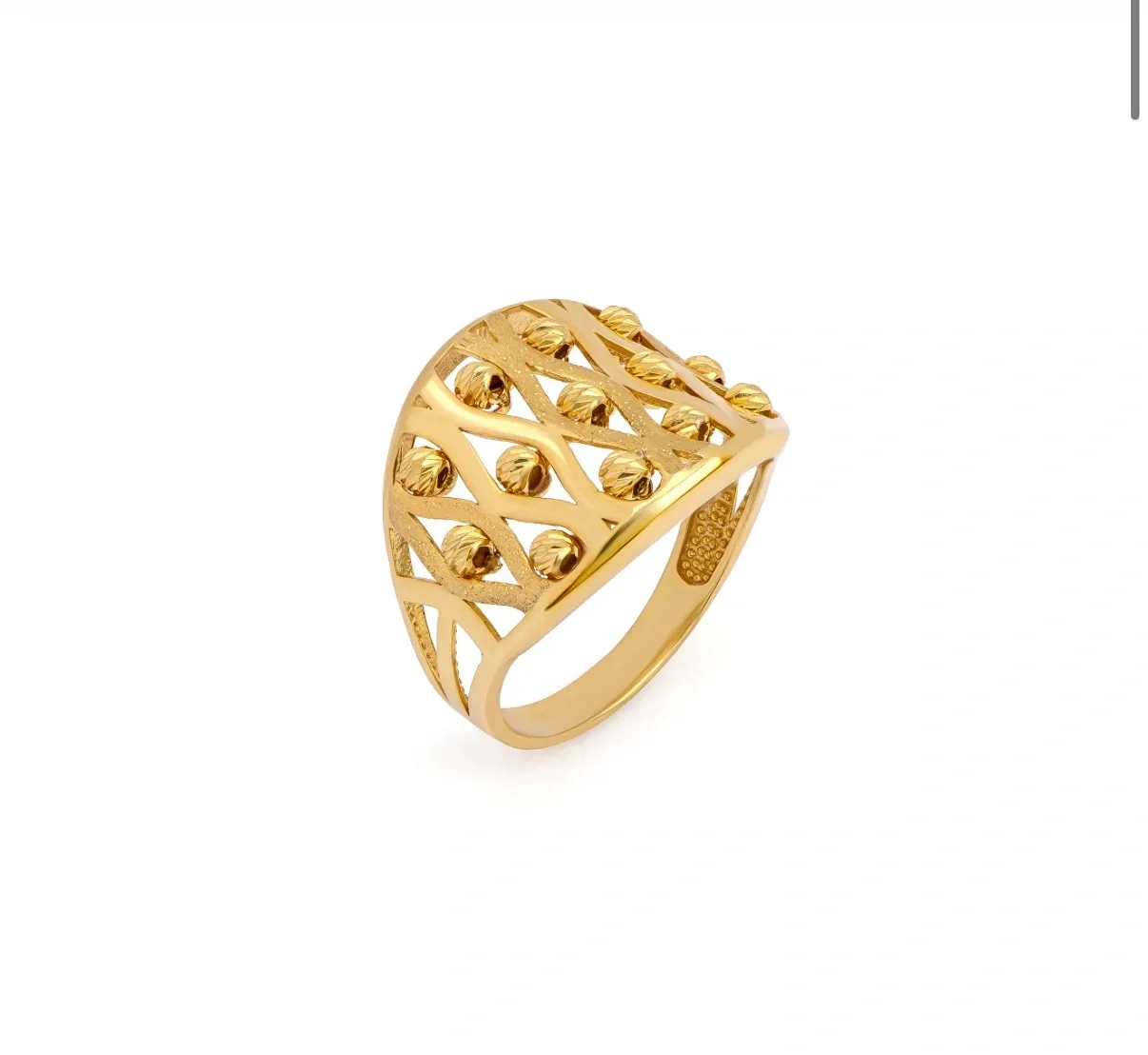 21K yellow gold wide lattice ring with diamond-cut textured details on white background