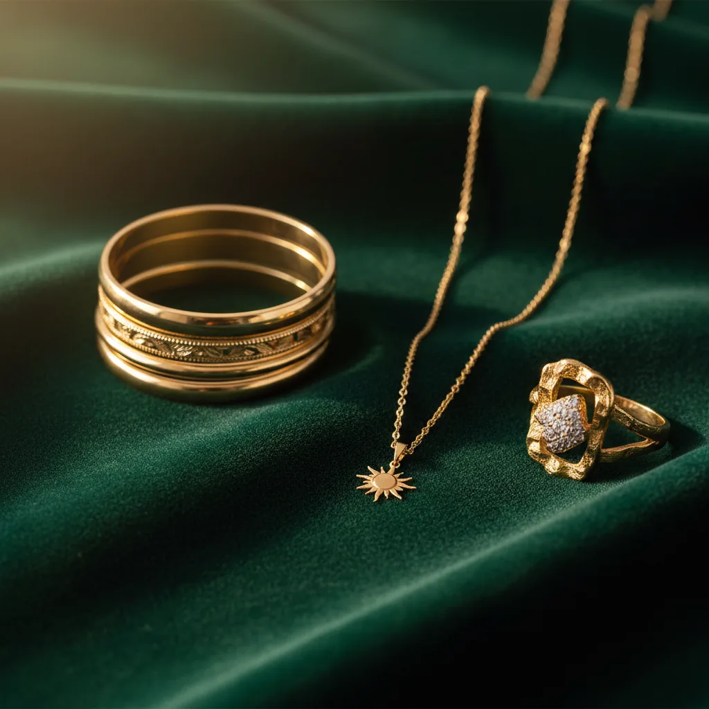 Exquisite gold jewellery from Mazimo UAE, showcasing a necklace, bangles, and a ring on a velvet surface.
