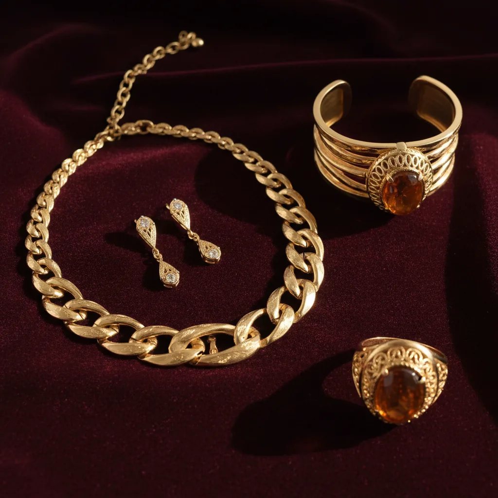 Luxurious gold jewellery collection featuring a necklace, earrings, bracelet, and ring.