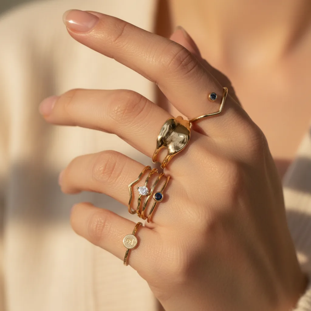 Close-up of a woman's hand showcasing a collection of elegant gold rings.