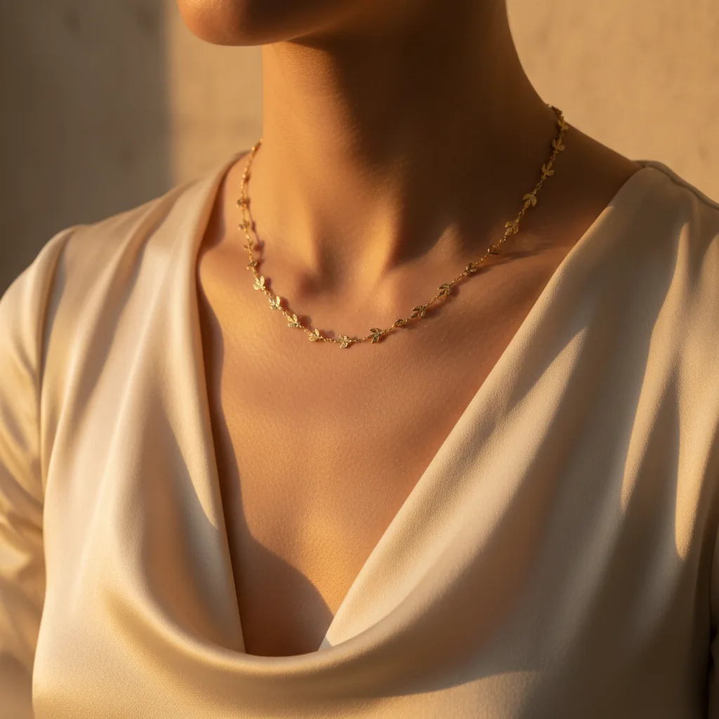 Elegant gold necklace perfectly complements a woman's neckline, showcasing the beauty of Mazimo UAE jewellery.