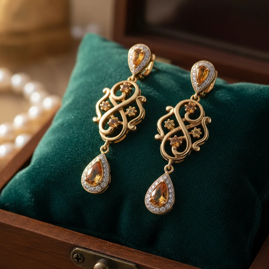 Elegant gold earrings displayed on a velvet cushion