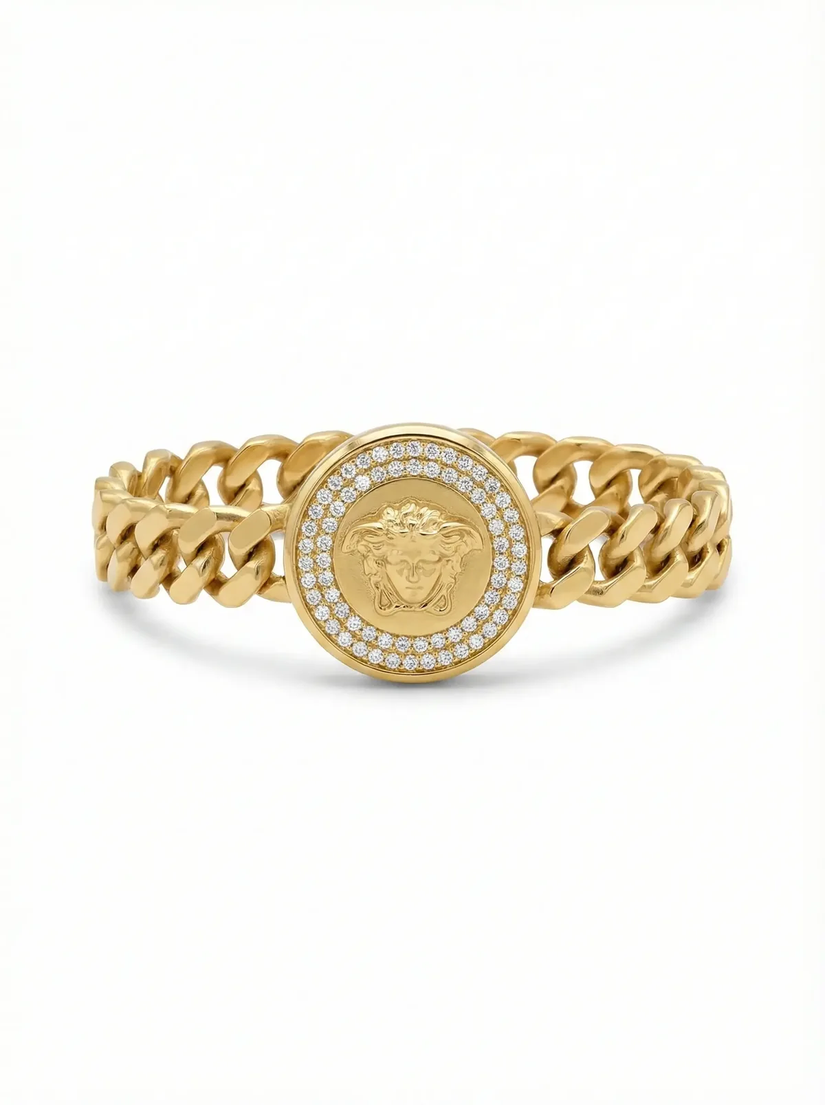 18K Italian gold bracelet with Medusa coin and diamond halo on white background