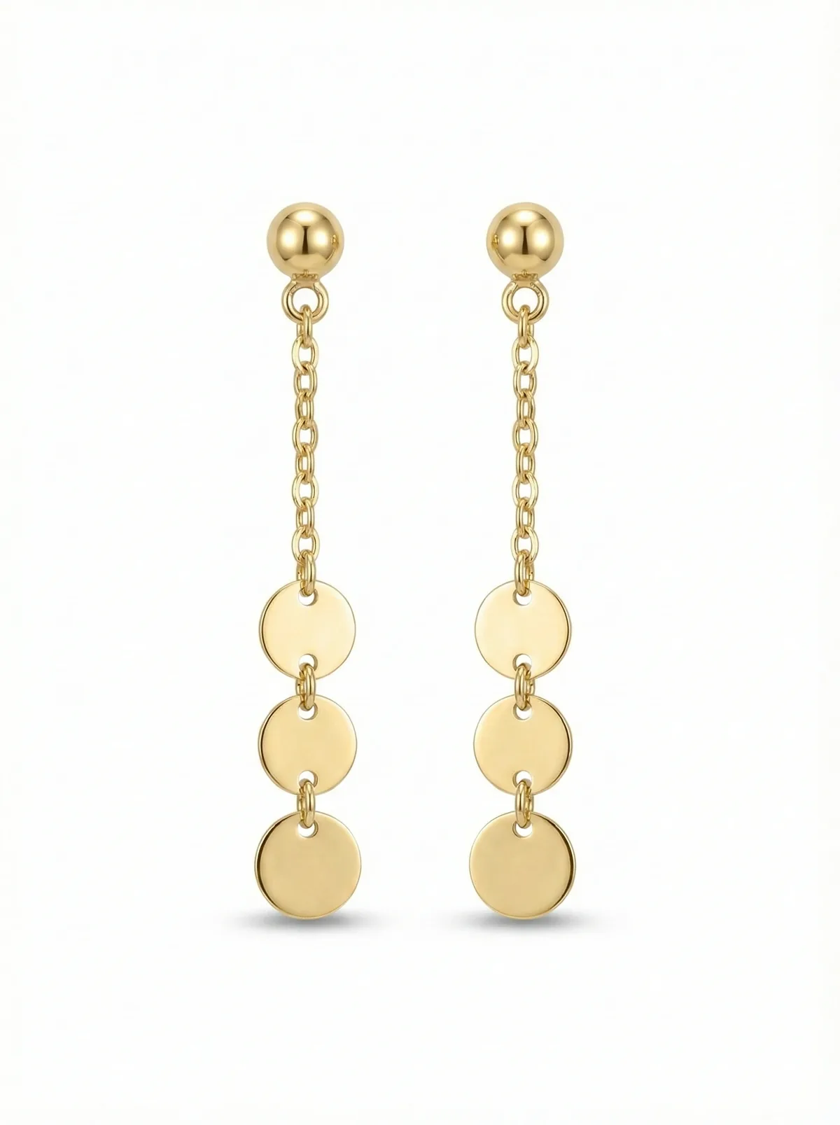 18K gold Spanish collection triple disc drop earrings with delicate chain design, 0.86 grams