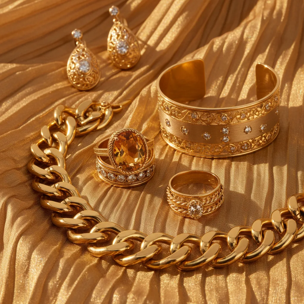Luxurious gold jewellery with a warm, golden glow, showcasing premium craftsmanship and quality.