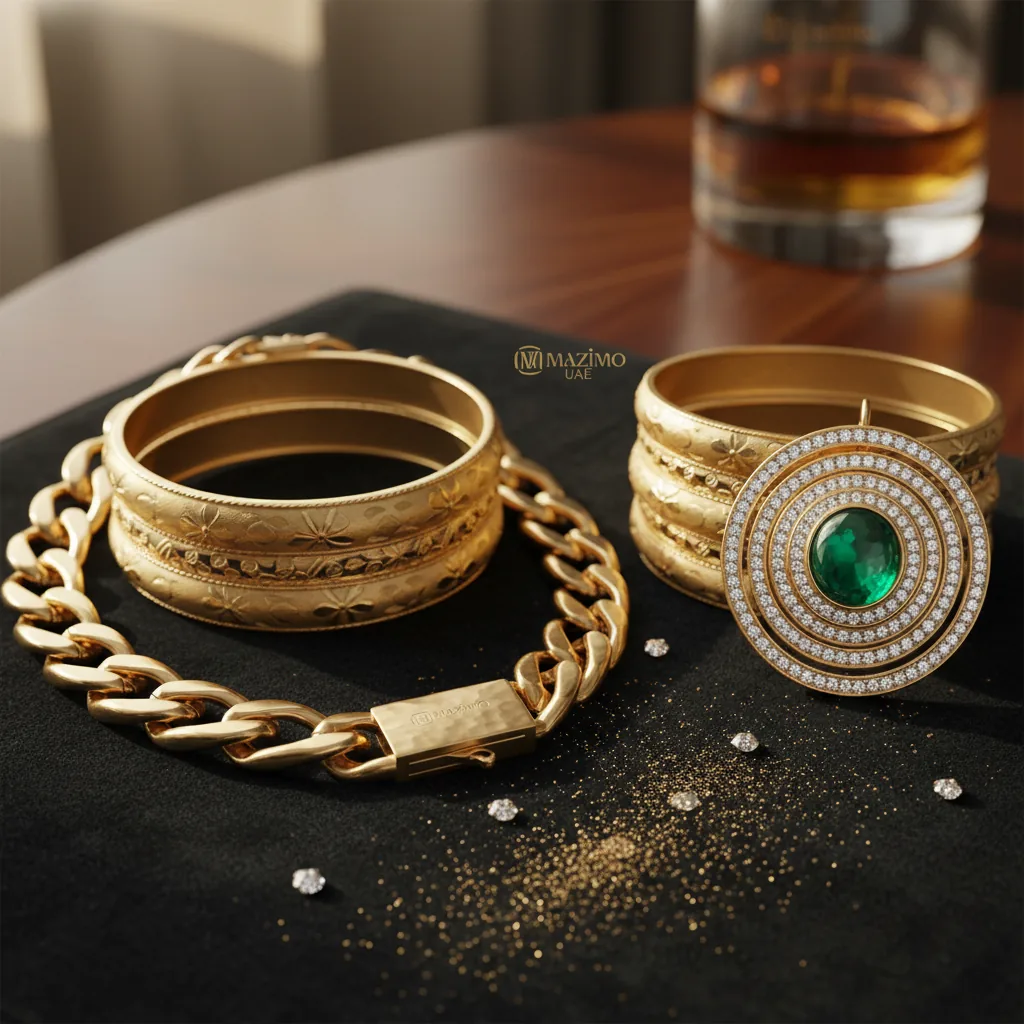 Exquisite gold jewellery from Mazimo UAE, showcasing intricate craftsmanship and elegant designs.