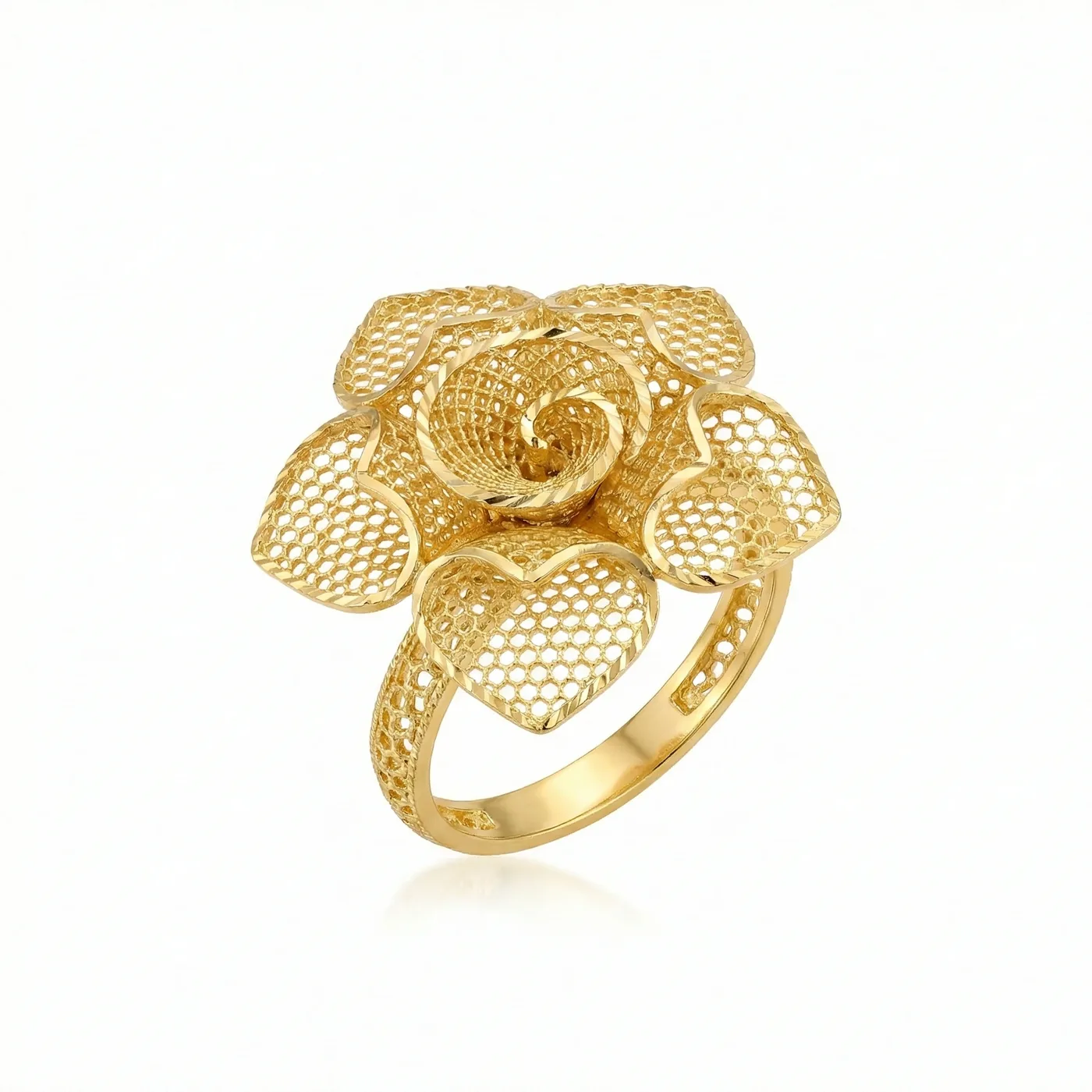 21K gold flower design ring with textured details on a model hand and white background