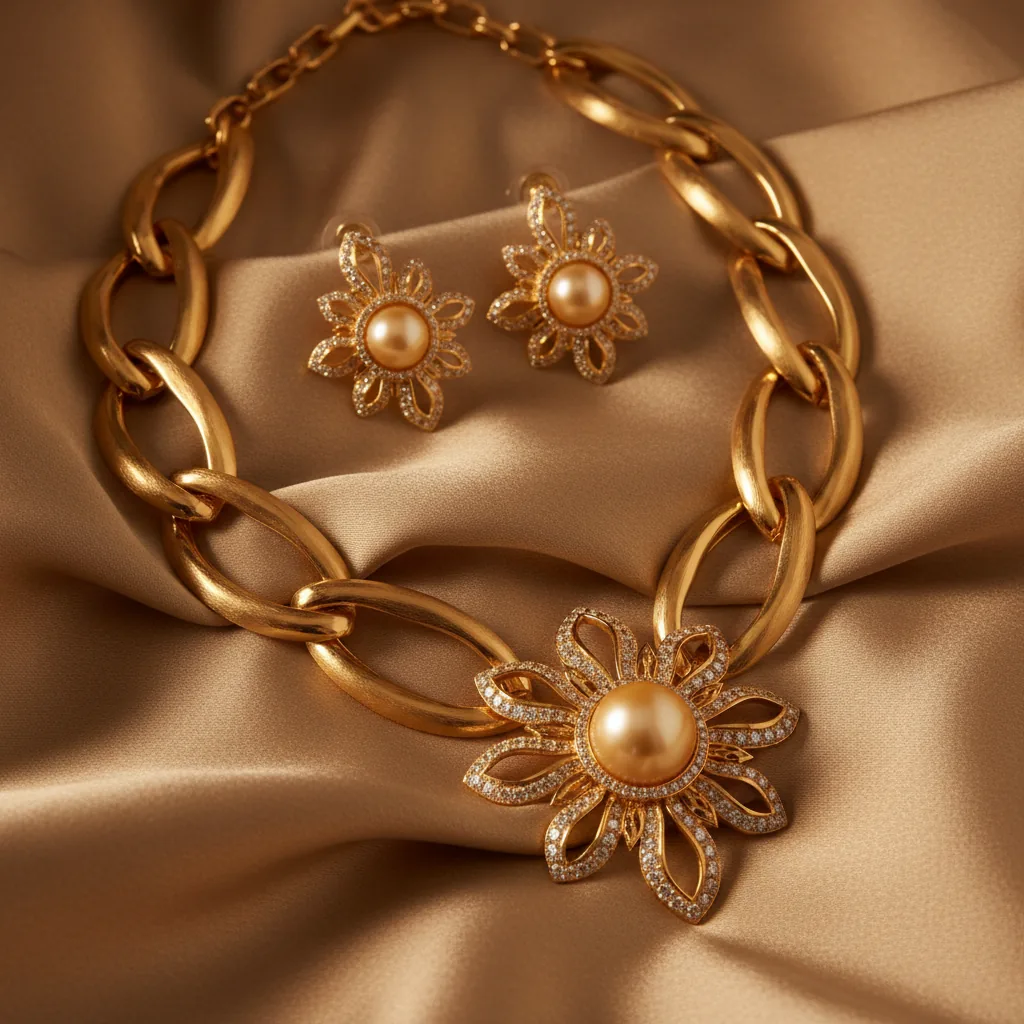 Exquisite gold necklace and earrings displayed on luxurious silk fabric.