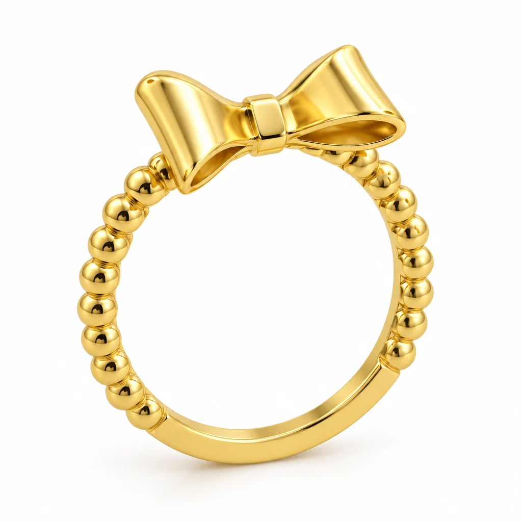 18K gold bow ring on a beaded band, three-quarter view on white