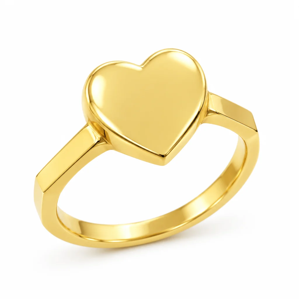 18K gold heart signet ring, three-quarter view on white