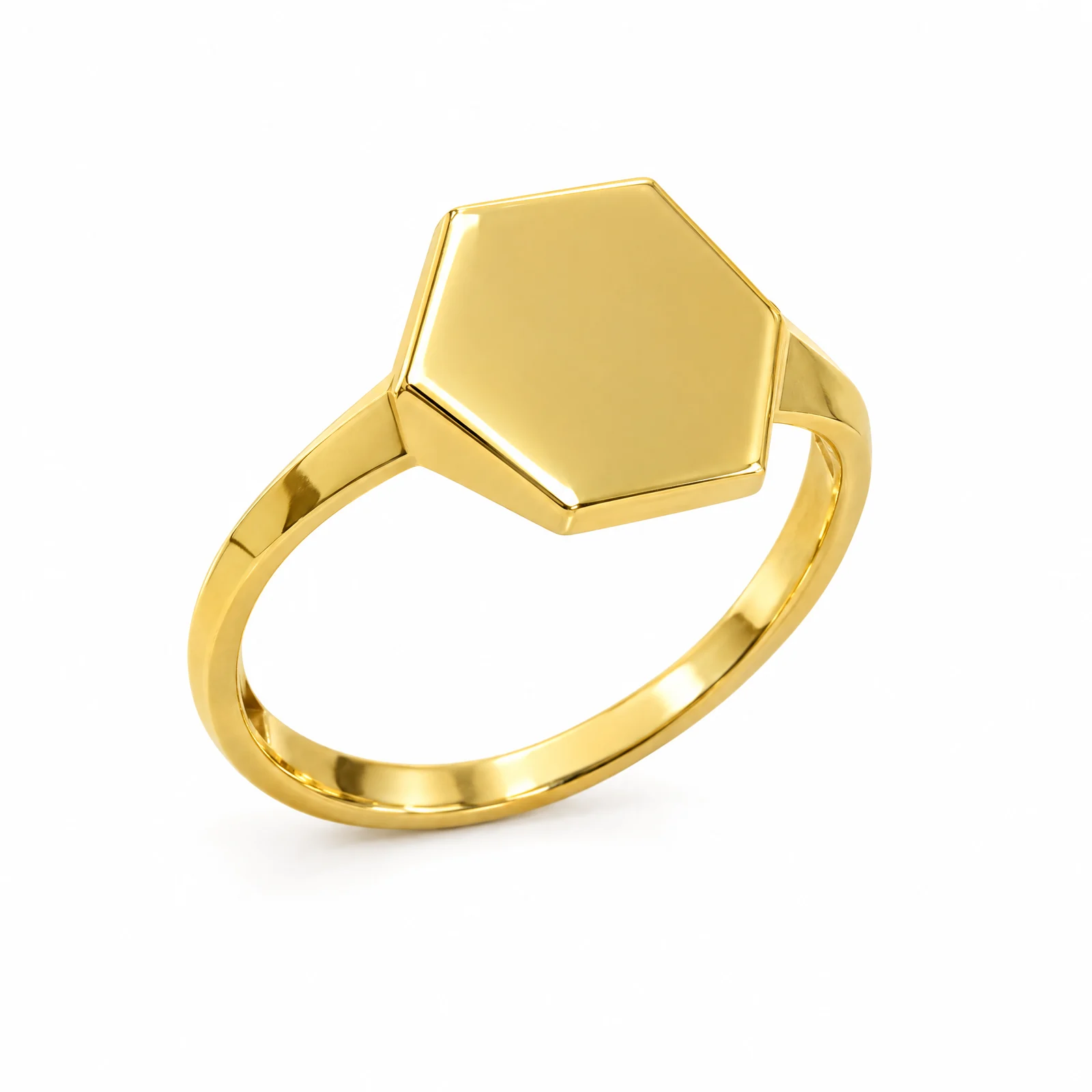 18K gold hexagon signet ring, three-quarter view on white