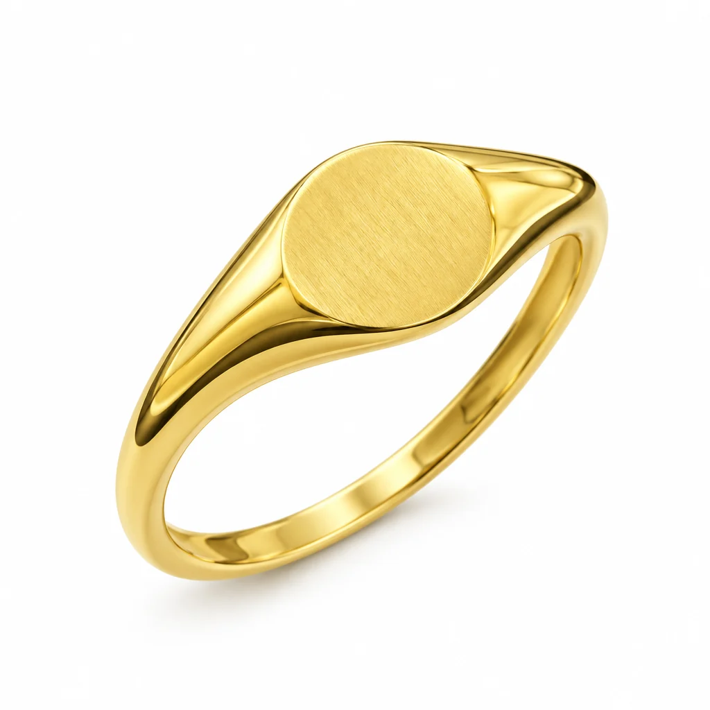 18K gold oval signet ring with satin-brushed face, three-quarter view on white