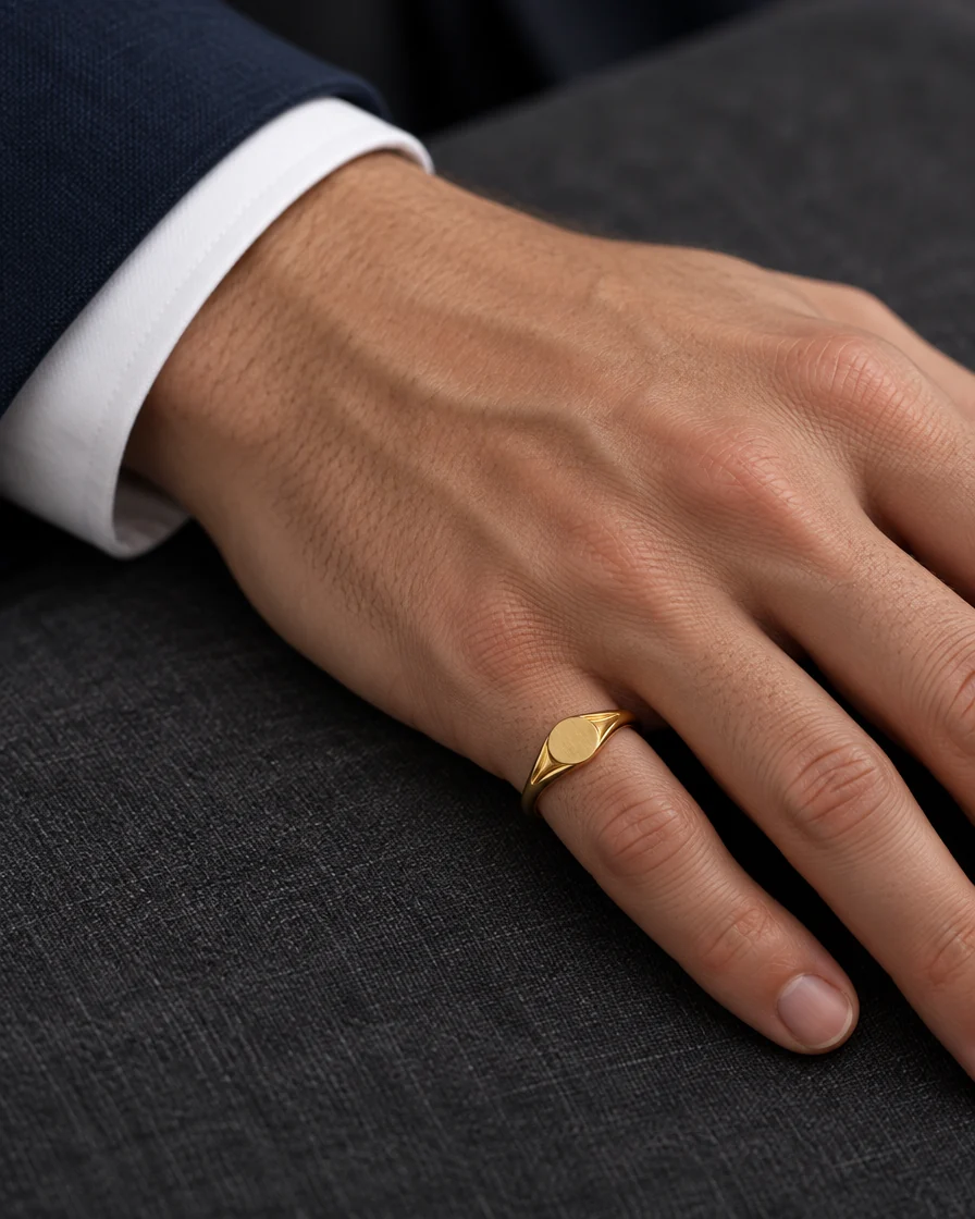 18K gold oval signet ring on a man's hand with a white shirt cuff