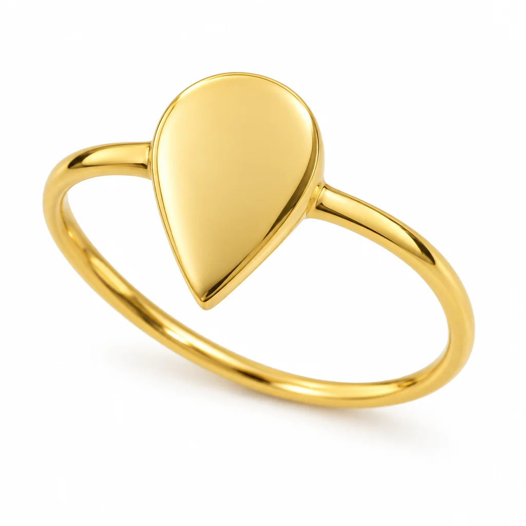 18K gold pear signet ring, three-quarter view on white