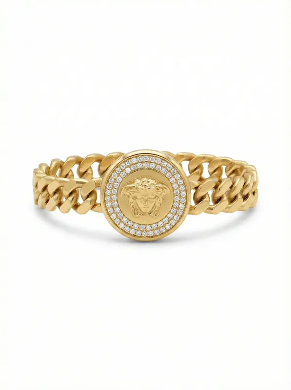 18K Italian gold bracelet with Medusa coin and diamond halo on white background