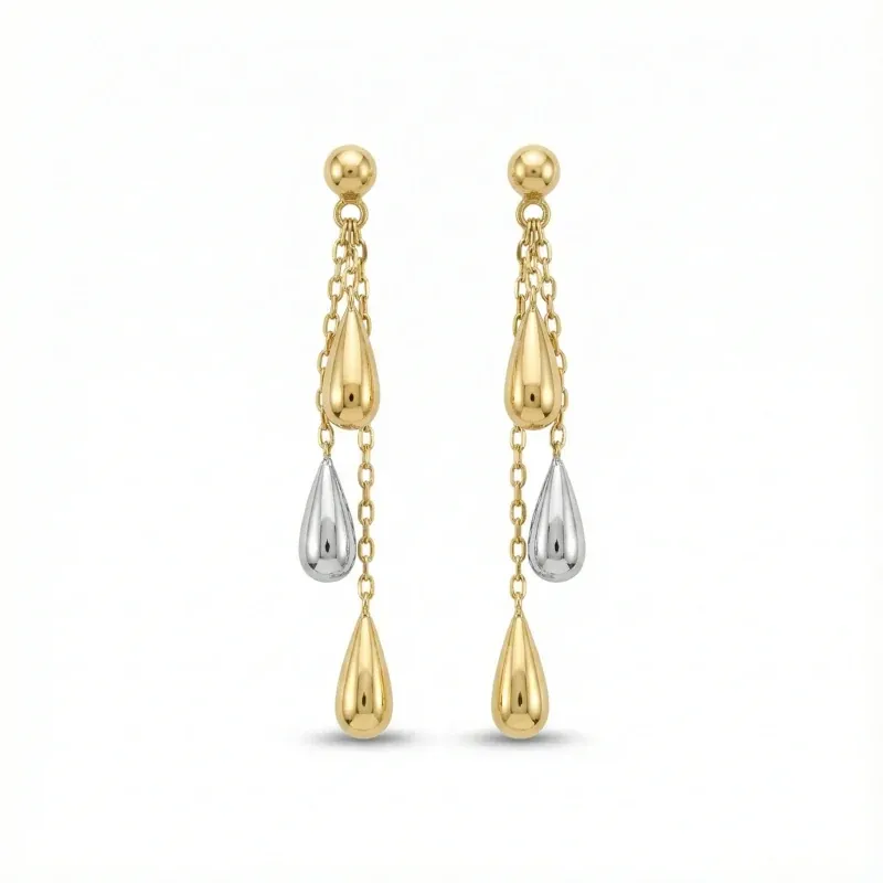 18K gold Spanish collection two-tone teardrop cascade drop earrings with delicate chain design, 1.54 grams