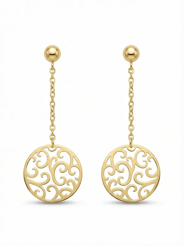 18K gold Spanish collection filigree circle drop earrings with chain design, 1.08 grams