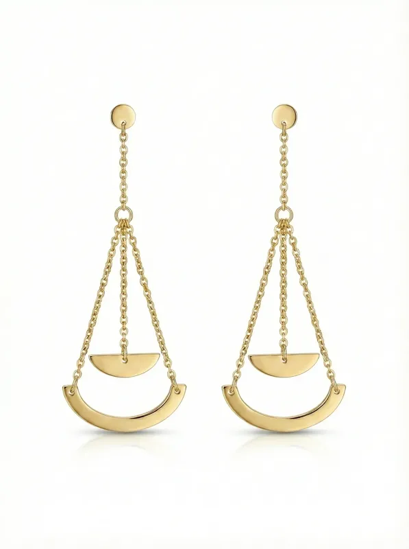 18K gold Spanish collection drop earrings with geometric curved design and delicate chain detailing