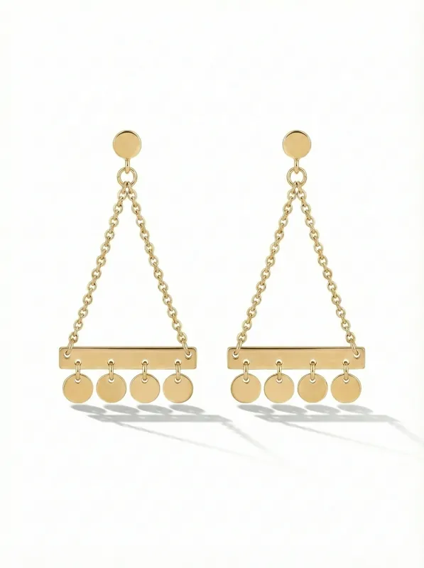 18K gold Spanish collection drop earrings with chain triangle design and hanging gold discs