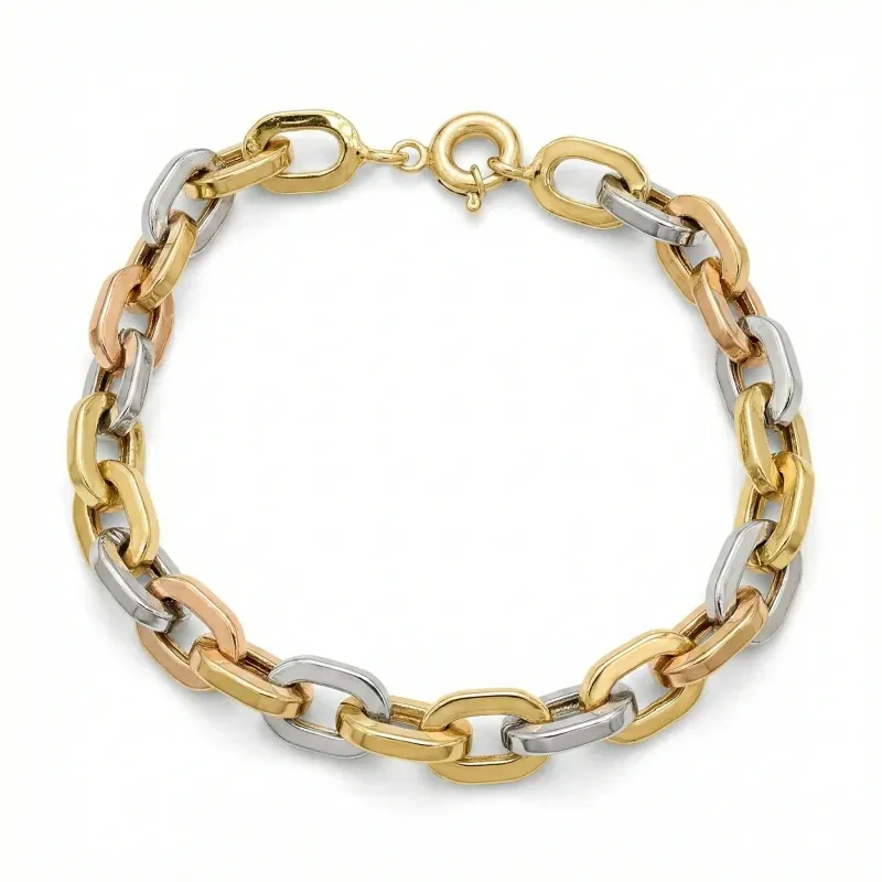 18K gold Mazimo collection tri-tone link bracelet with yellow, white, and rose gold links, 9.00 grams
