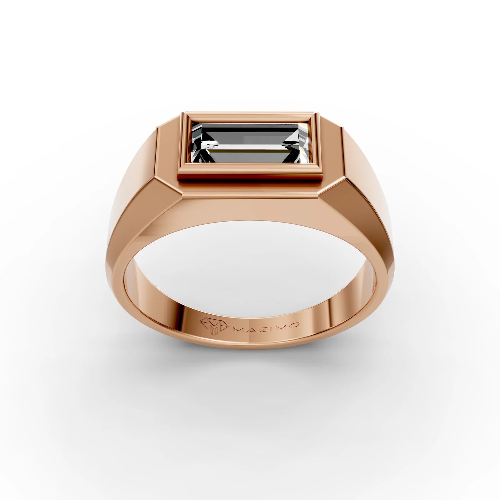 Baguette Signet Ring in 18K Rose Gold, 1.5 ct baguette diamond set sideways in a flat-topped frame, three-quarter view