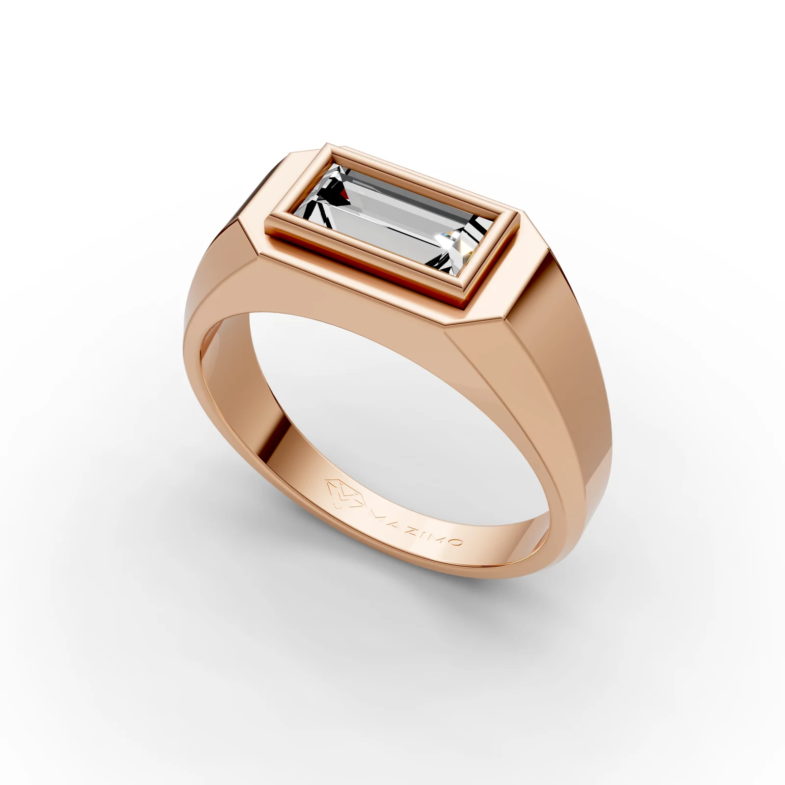 Baguette Signet Ring in 18K Rose Gold, 1.5 ct baguette diamond set sideways in a flat-topped frame, angled view