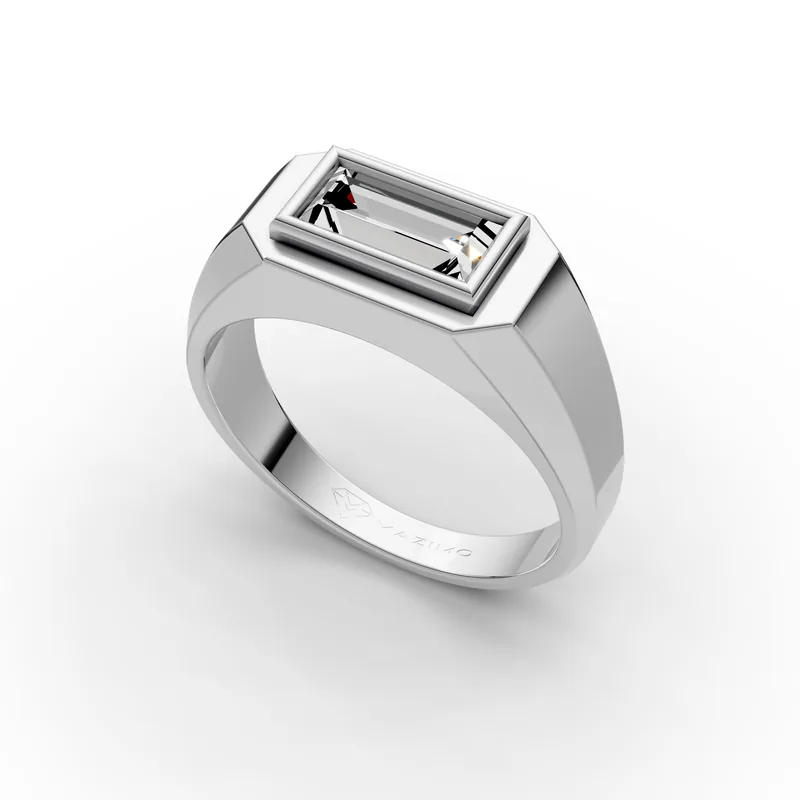 Baguette Signet Ring in 18K White Gold, 1.5 ct baguette diamond set sideways in a flat-topped frame, angled view