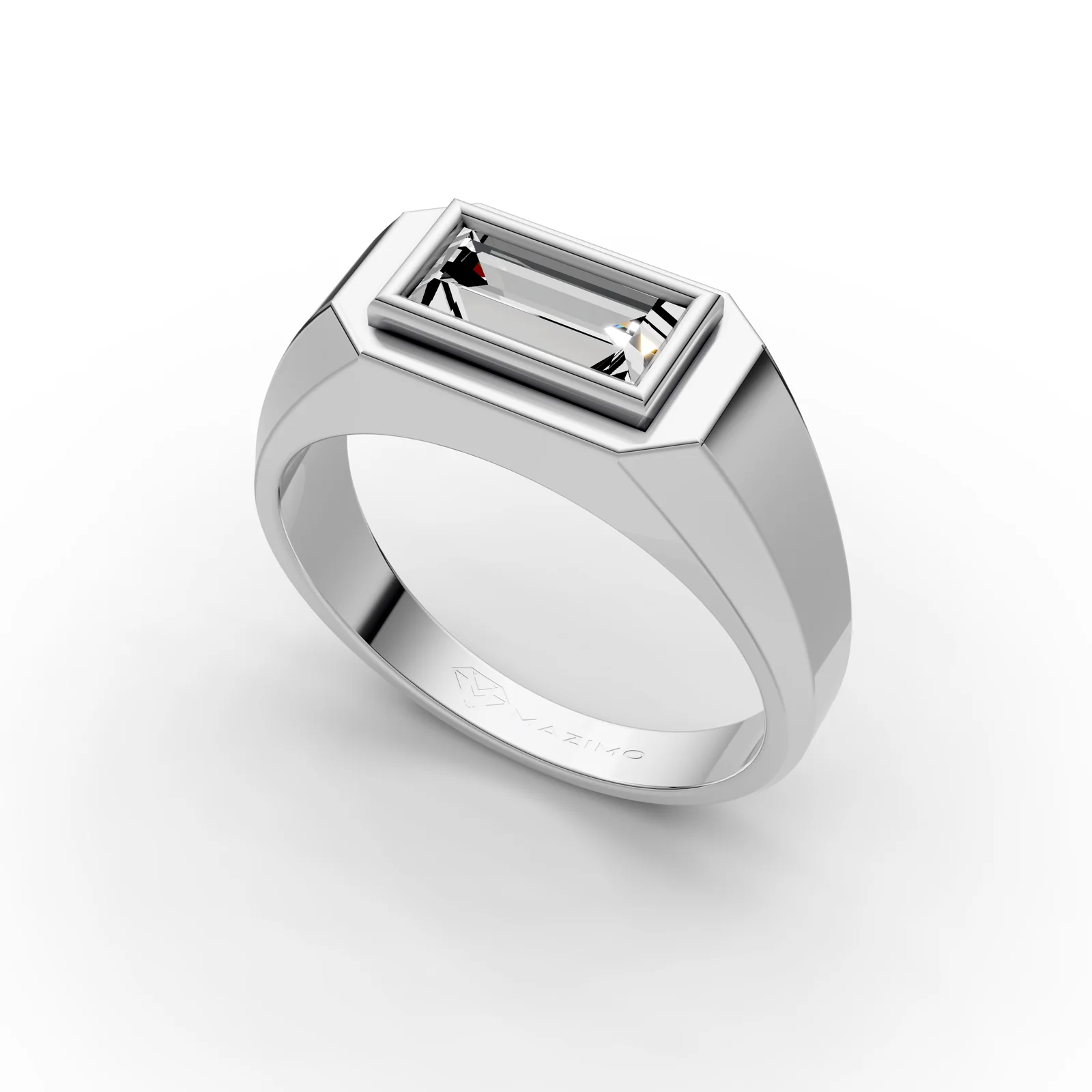 Baguette Signet Ring in 18K White Gold, 1.5 ct baguette diamond set sideways in a flat-topped frame, angled view