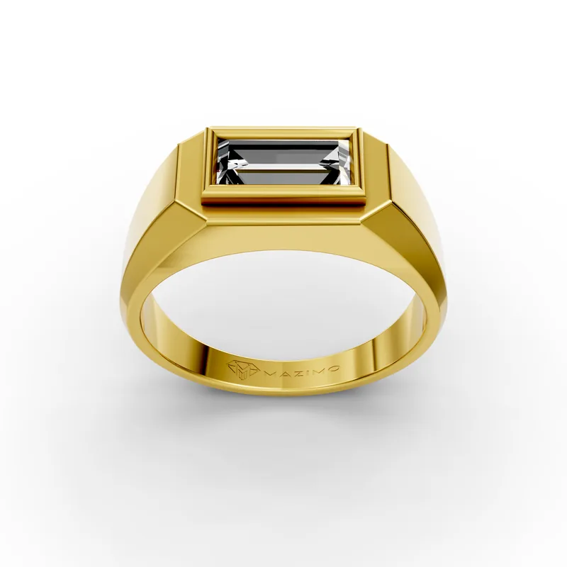 Yellow gold signet ring with a long baguette diamond set sideways in a flat top