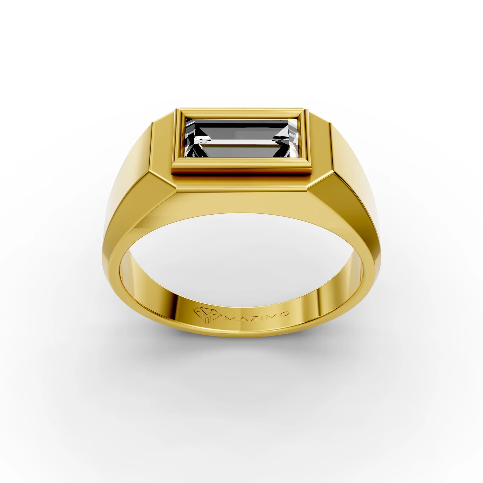 Baguette Signet Ring in 18K Yellow Gold, 1.5 ct baguette diamond set sideways in a flat-topped frame, three-quarter view