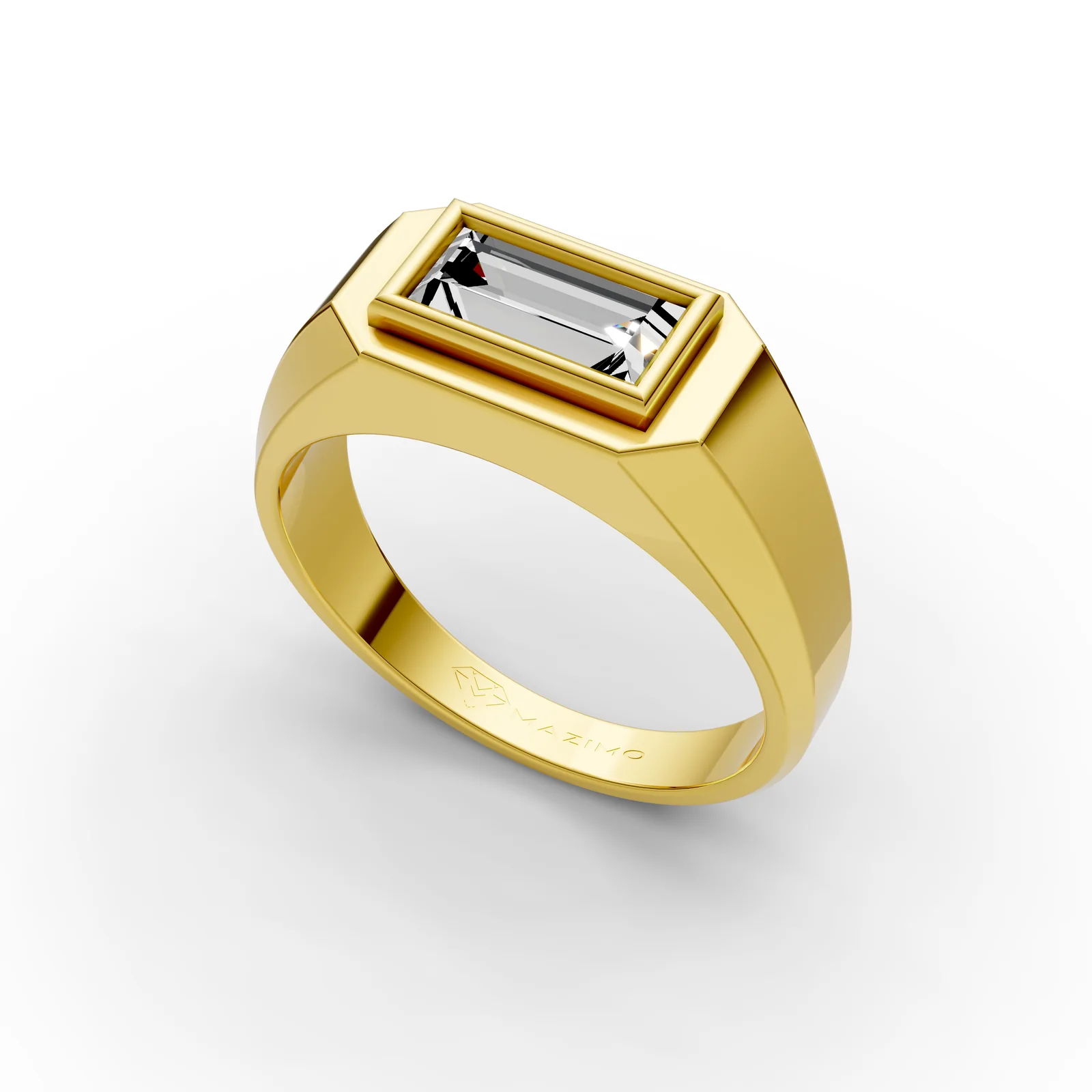 Baguette Signet Ring in 18K Yellow Gold, 1.5 ct baguette diamond set sideways in a flat-topped frame, angled view