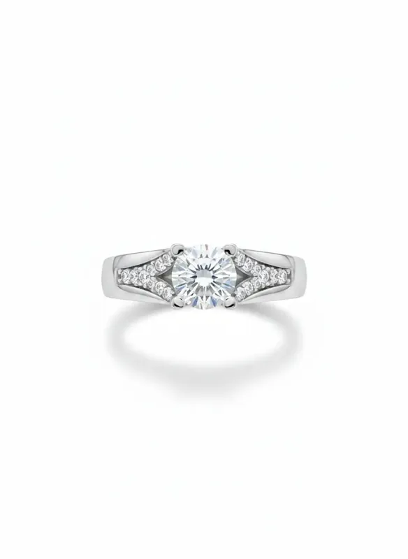 18K white gold solitaire diamond ring with round center stone and pavé shoulders, 3.25 grams