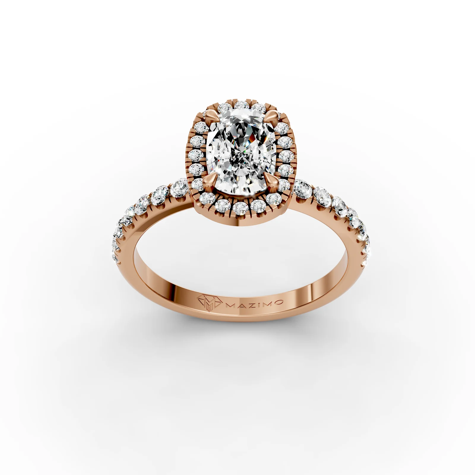 Cushion Halo Pavé Ring in 18K Rose Gold, three-quarter view