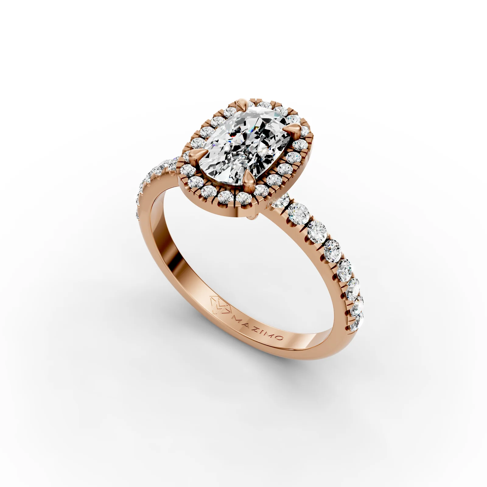 Cushion Halo Pavé Ring in 18K Rose Gold, angled view