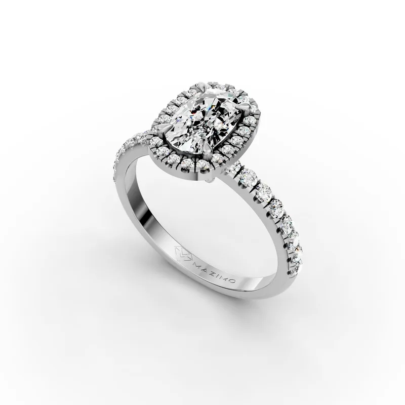 Cushion Halo Pavé Ring in 18K White Gold, angled view