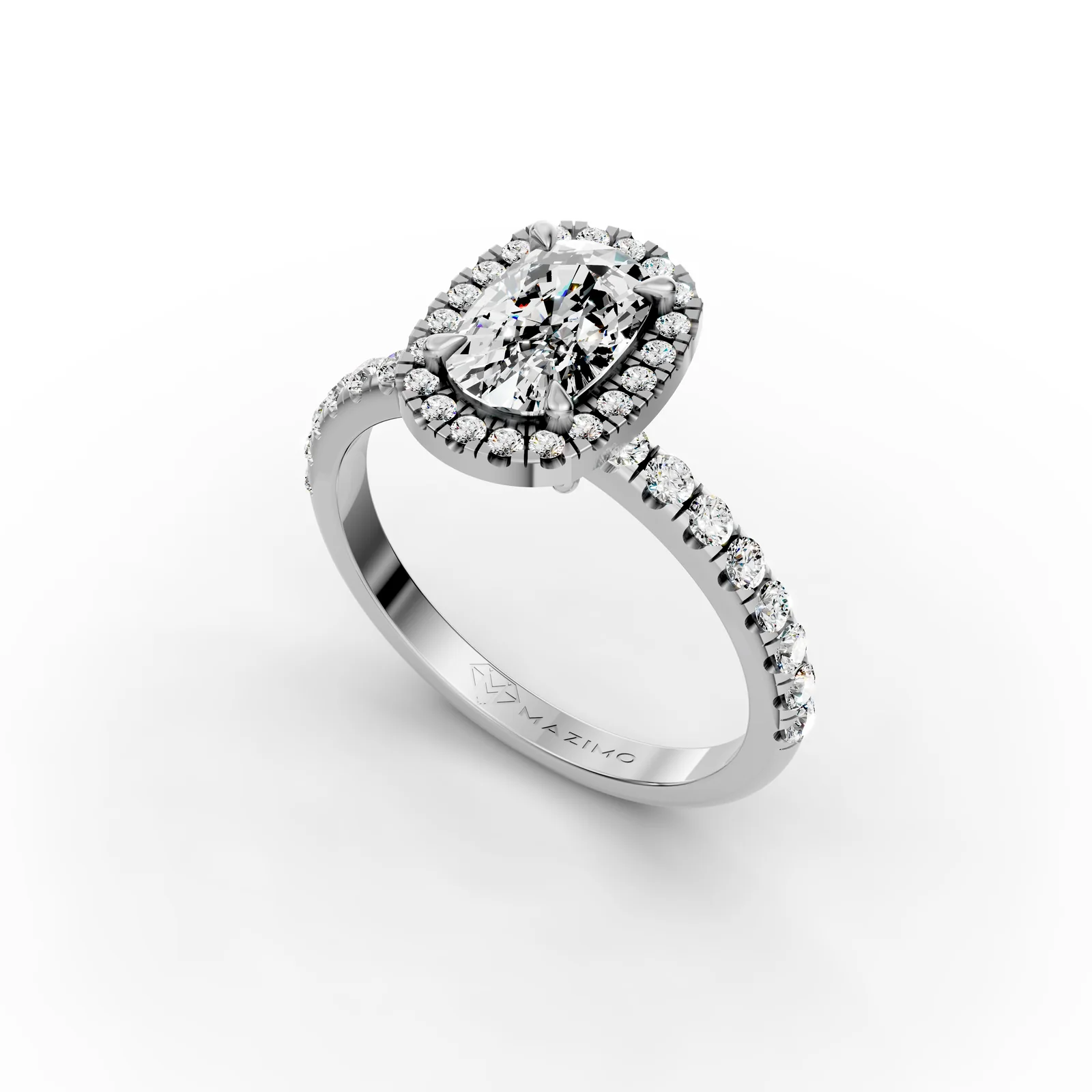 Cushion Halo Pavé Ring in 18K White Gold, angled view