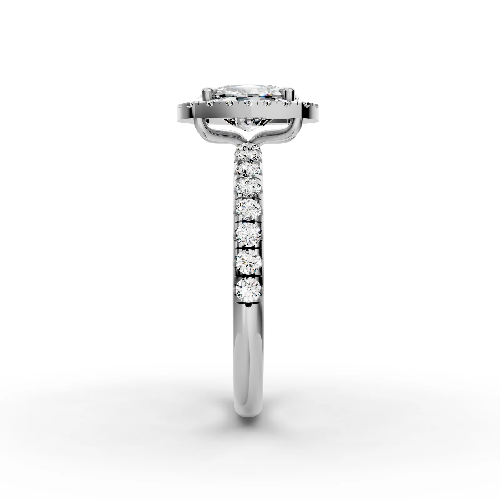 Cushion Halo Pavé Ring in 18K White Gold, side profile