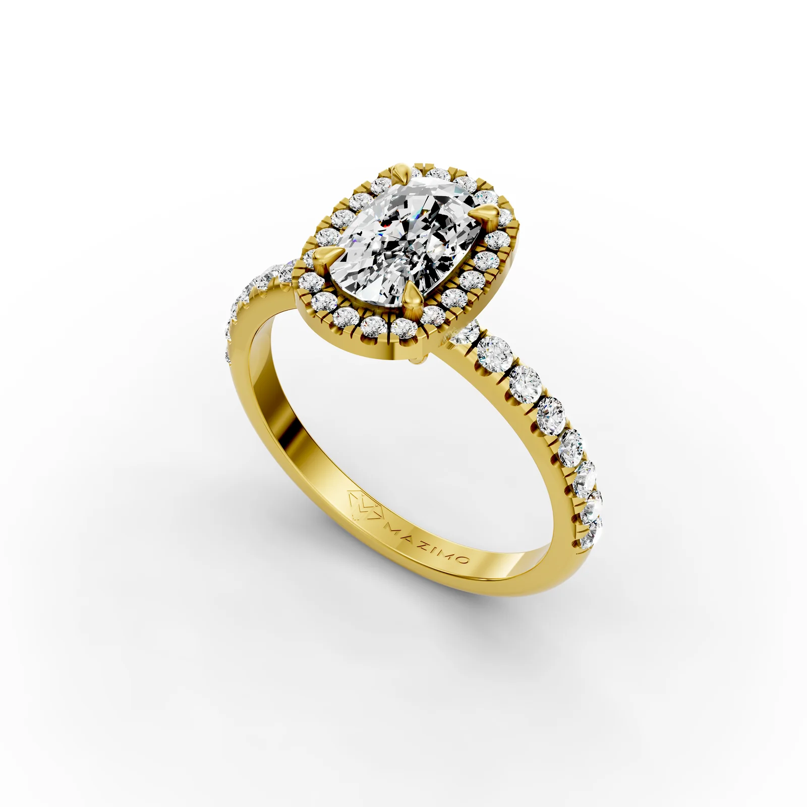 Cushion Halo Pavé Ring in 18K Yellow Gold, angled view