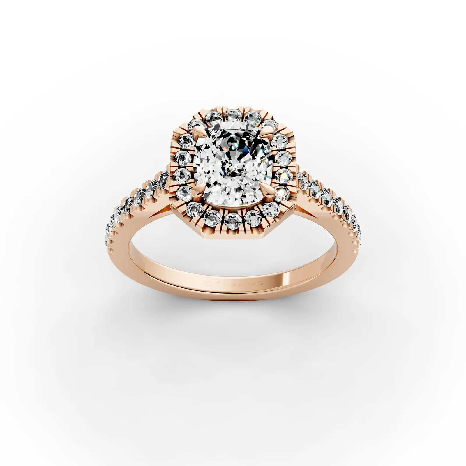 Cushion Octagon Halo Pavé Ring in 18K Rose Gold, 1.5 ct cushion diamond in an octagon-shaped diamond halo with a pavé band, three-quarter view