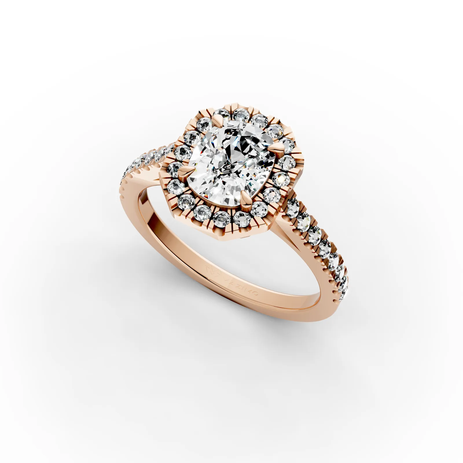 Cushion Octagon Halo Pavé Ring in 18K Rose Gold, 1.5 ct cushion diamond in an octagon-shaped diamond halo with a pavé band, angled view