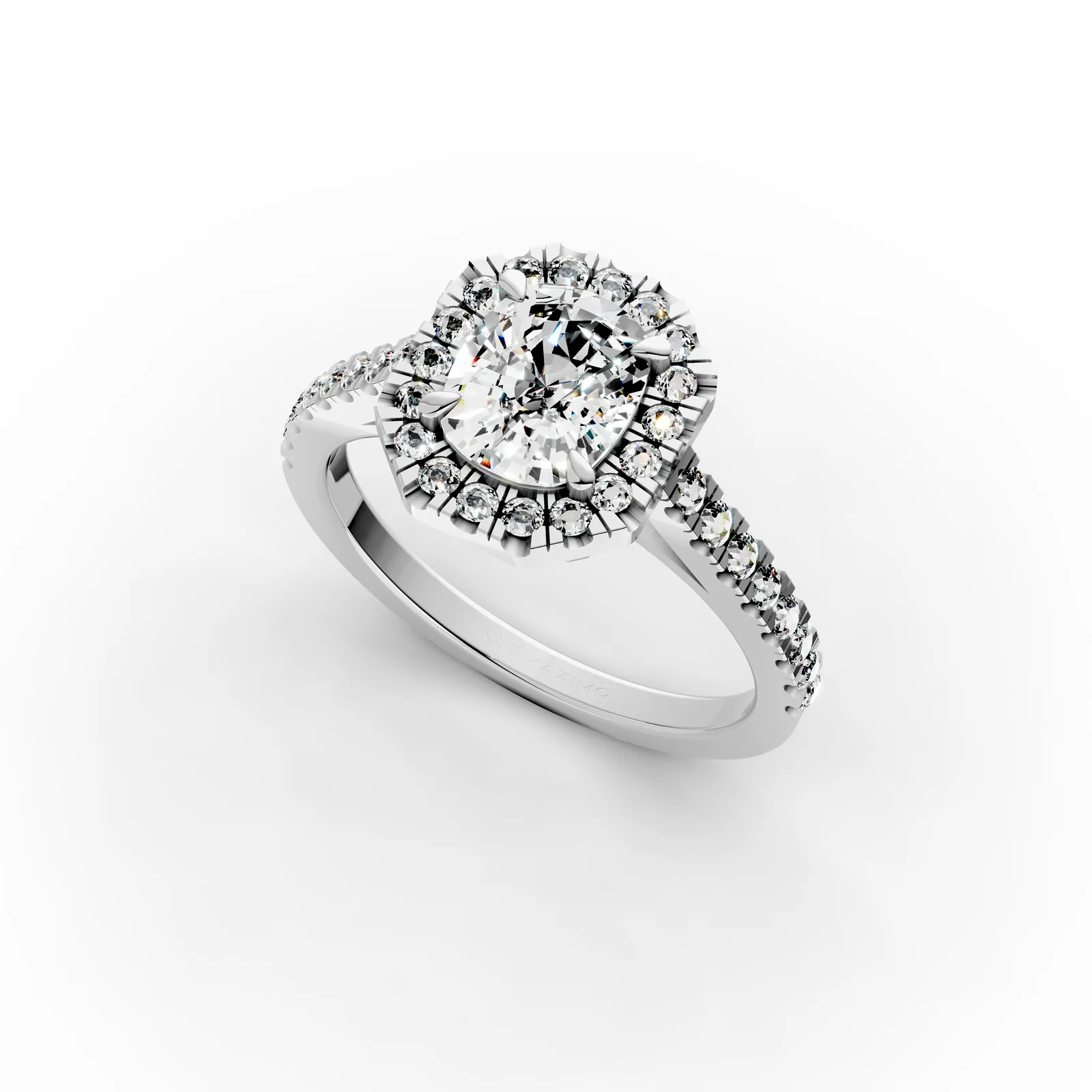 Cushion Octagon Halo Pavé Ring in 18K White Gold, 1.5 ct cushion diamond in an octagon-shaped diamond halo with a pavé band, angled view