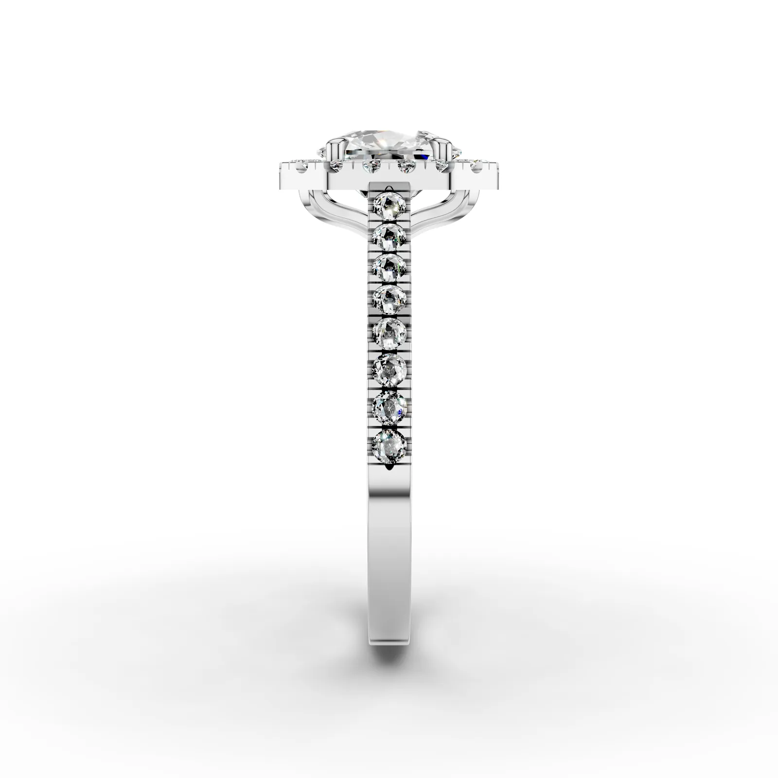 Cushion Octagon Halo Pavé Ring in 18K White Gold, 1.5 ct cushion diamond in an octagon-shaped diamond halo with a pavé band, side profile