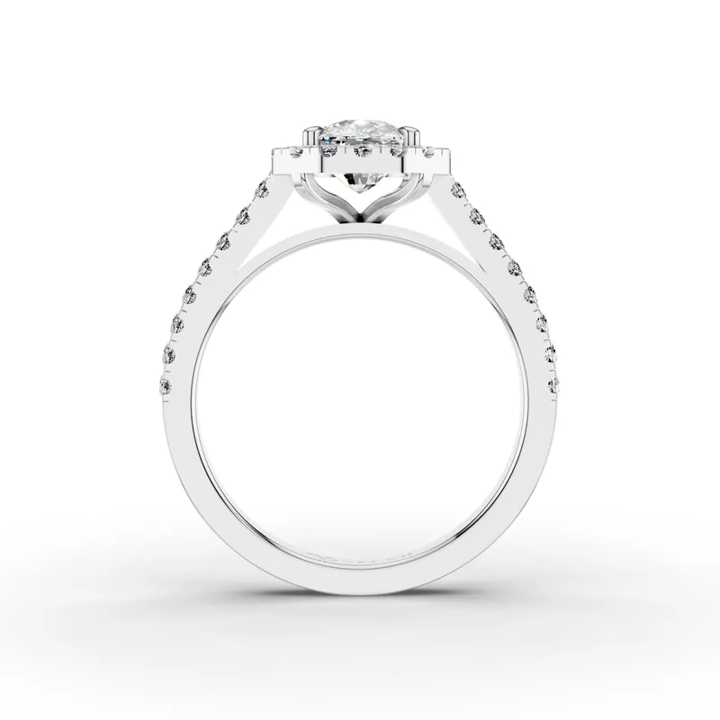 Cushion Octagon Halo Pavé Ring in 18K White Gold, 1.5 ct cushion diamond in an octagon-shaped diamond halo with a pavé band, front view