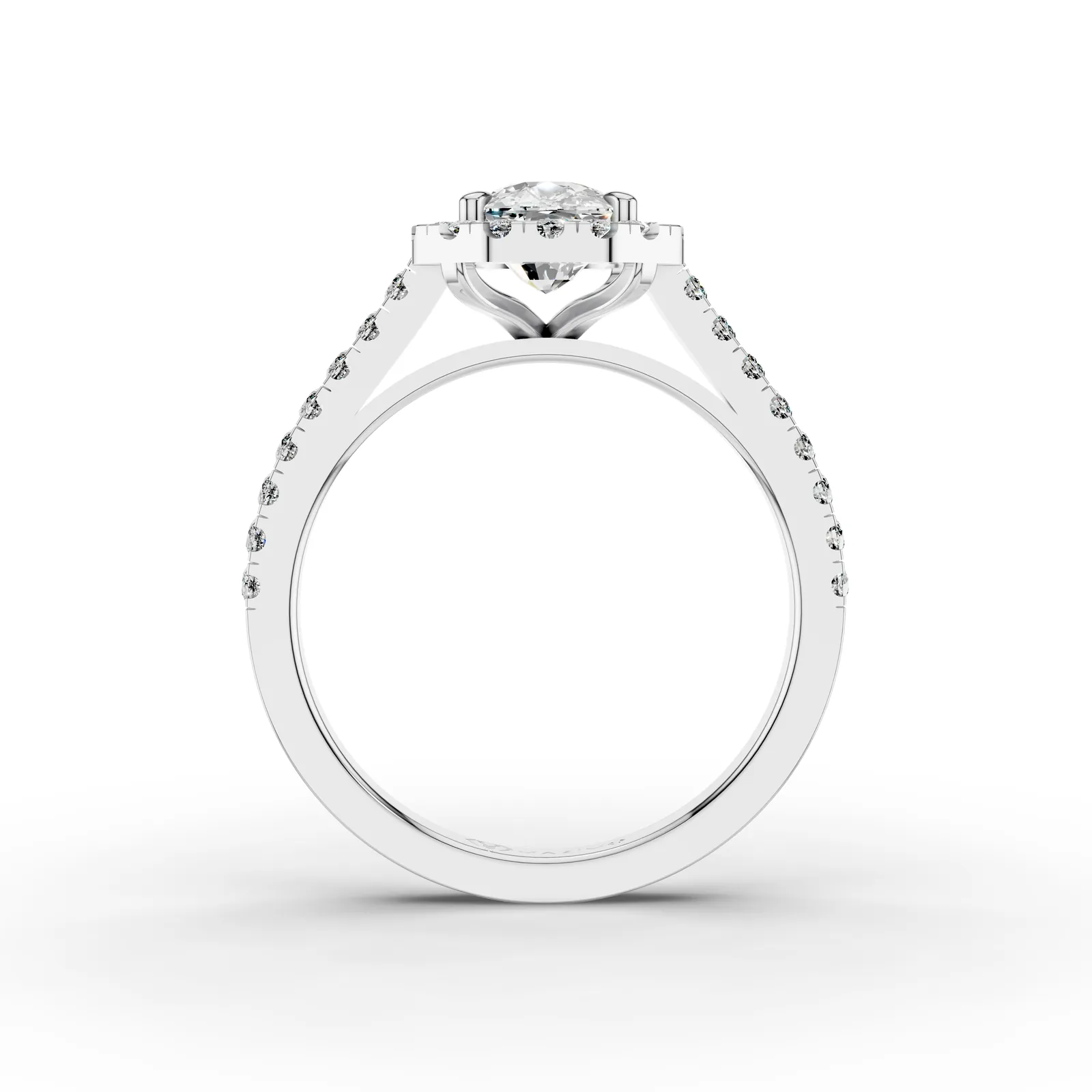 Cushion Octagon Halo Pavé Ring in 18K White Gold, 1.5 ct cushion diamond in an octagon-shaped diamond halo with a pavé band, front view